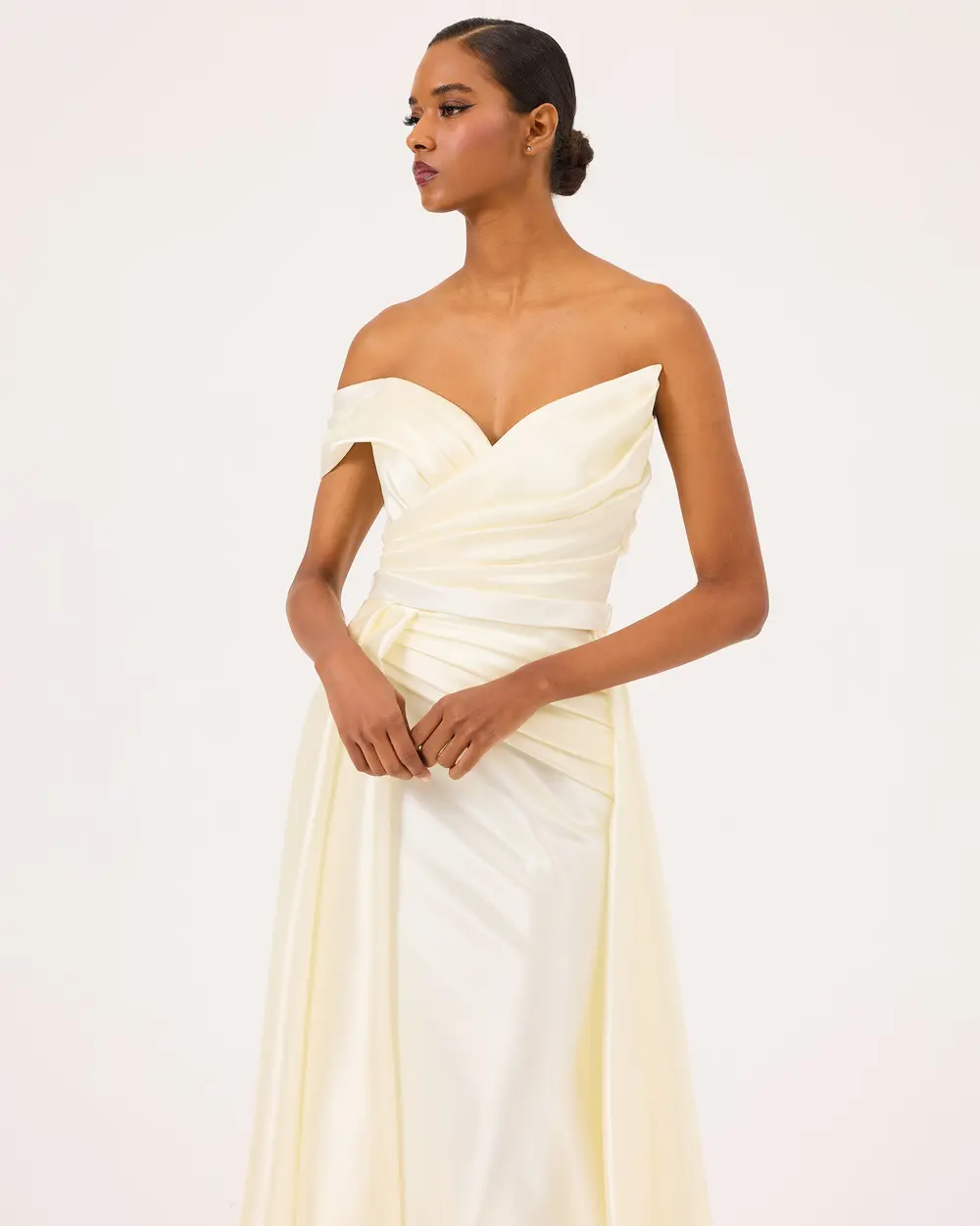 Asymmetric Collar Draped Satin Woven Evening Dress