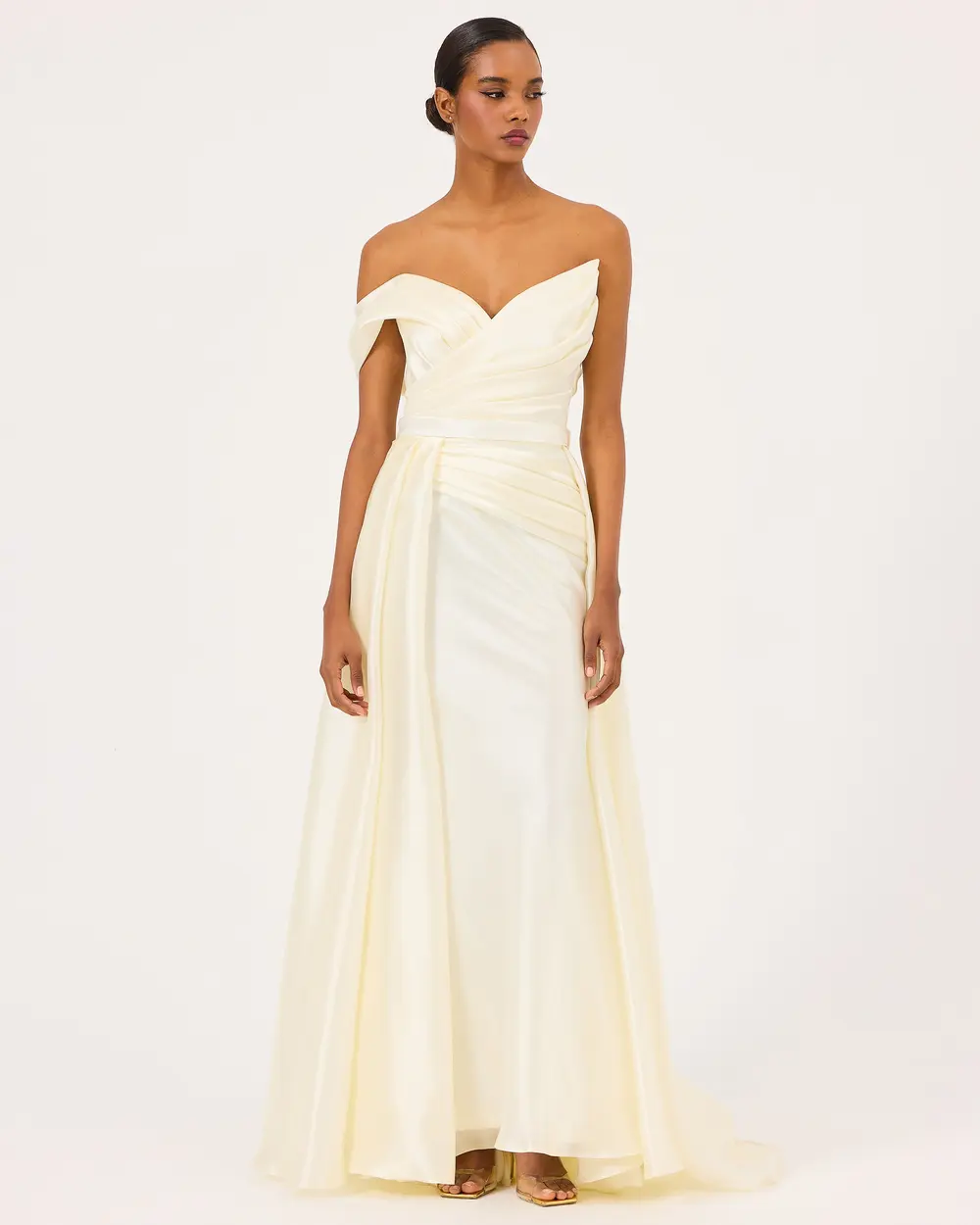 Asymmetric Collar Draped Satin Woven Evening Dress