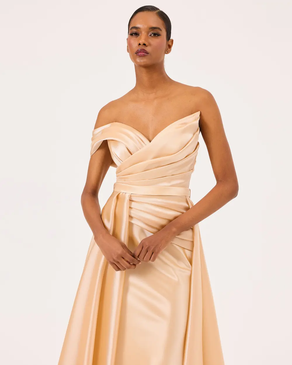 Asymmetric Collar Draped Satin Woven Evening Dress