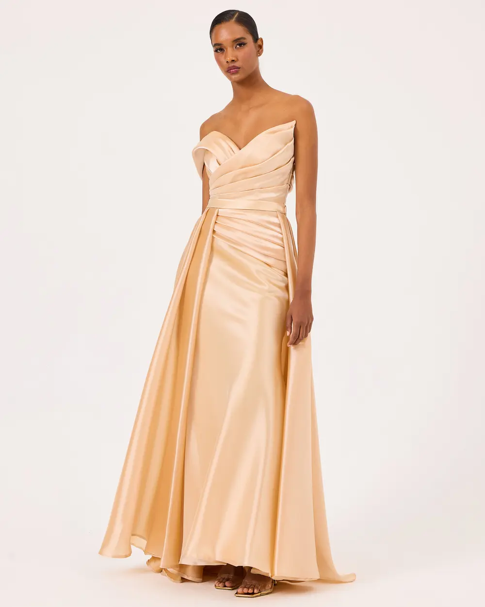 Asymmetric Collar Draped Satin Woven Evening Dress