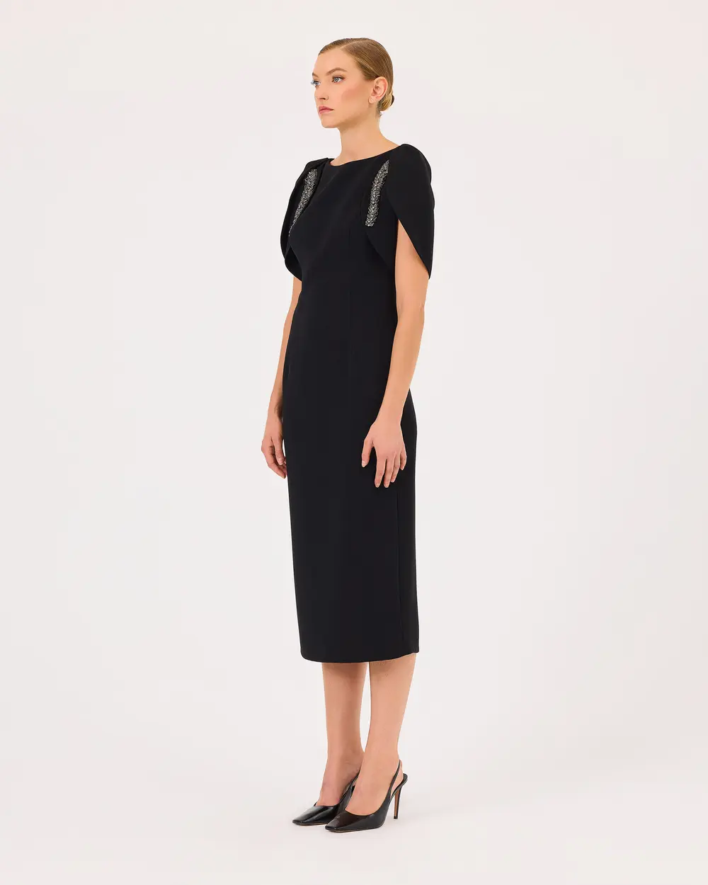 Bat Sleeve Stone Detailed Midi Length Elegant Dress