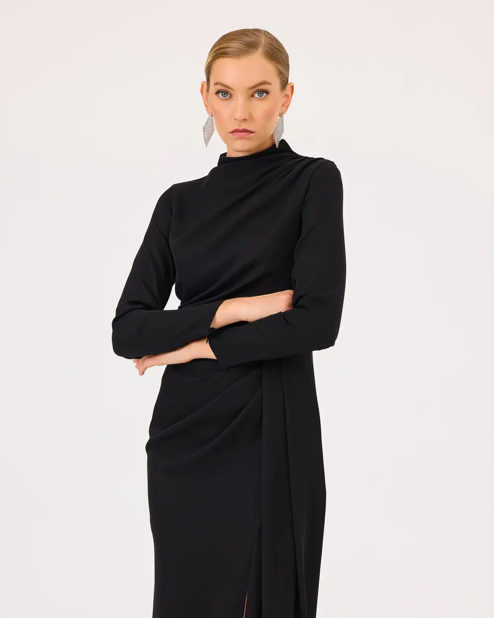 Stand Collar Long Sleeve Elegant Dress