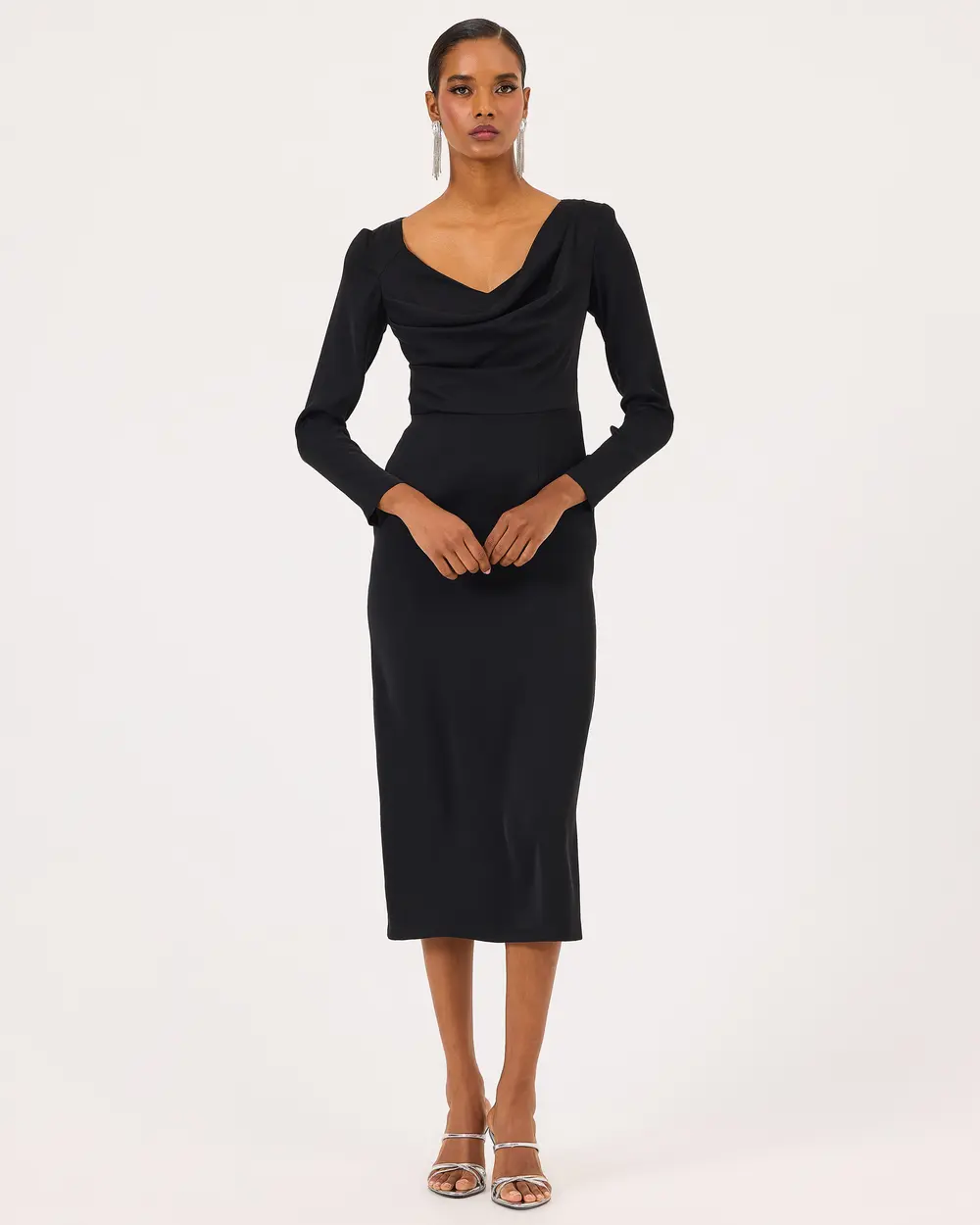 Long Sleeve Midi Length Elegant Dress with Slits