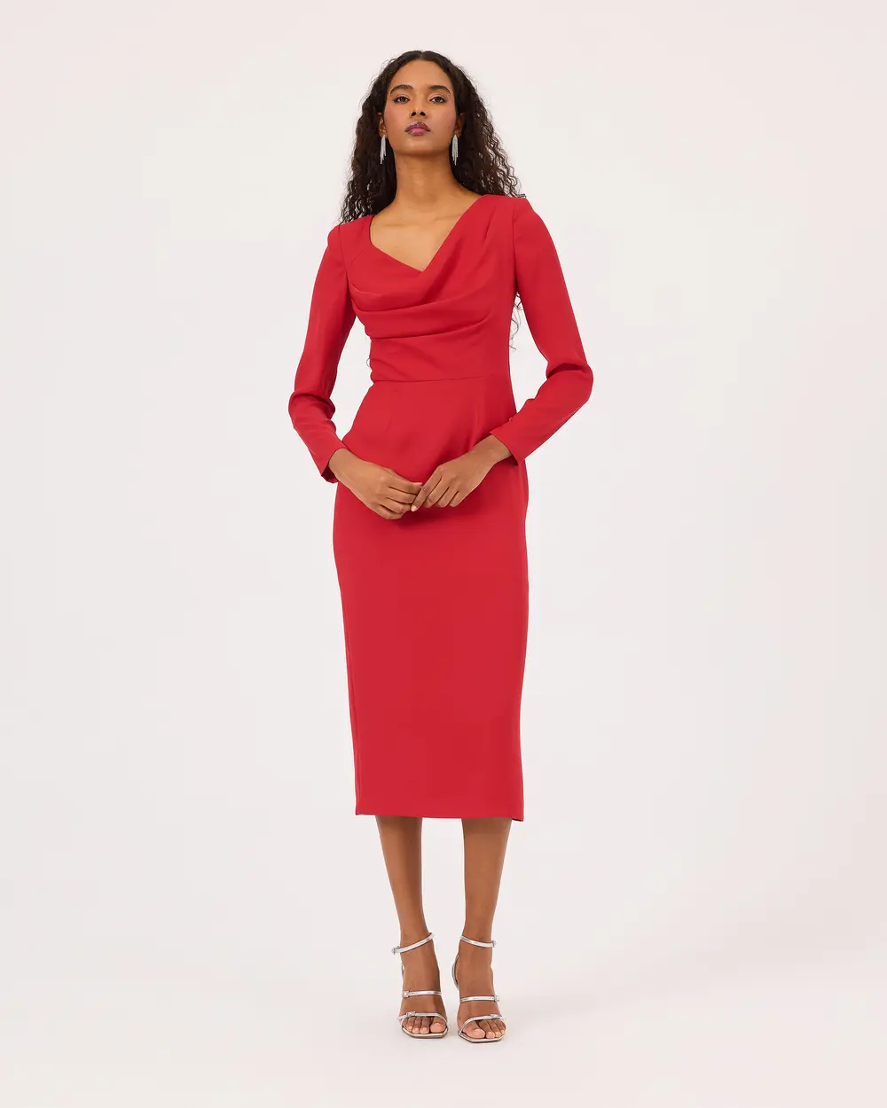 Long Sleeve Midi Length Elegant Dress with Slits