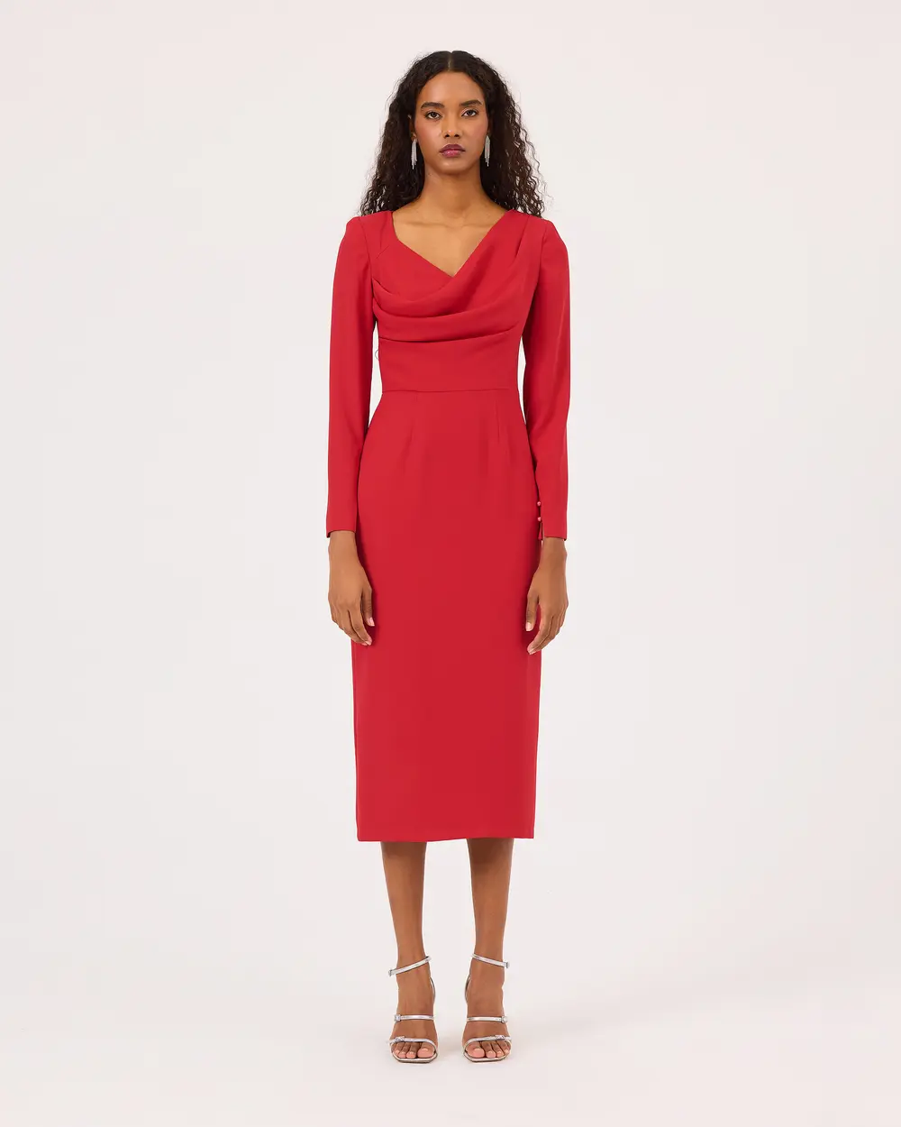 Long Sleeve Midi Length Elegant Dress with Slits