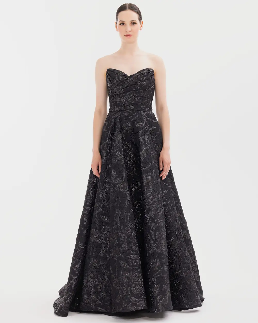 Jacquard Evening Dress with Strapless Collar and Pockets