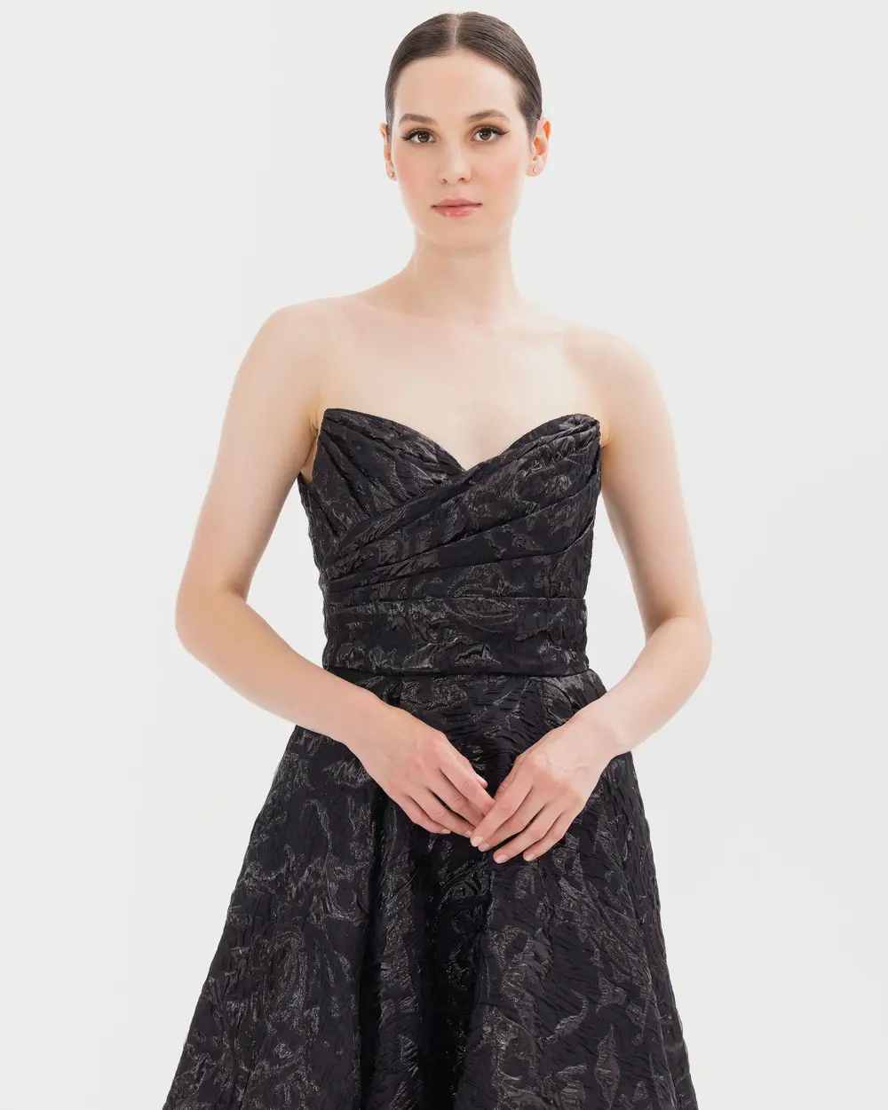 Jacquard Evening Dress with Strapless Collar and Pockets