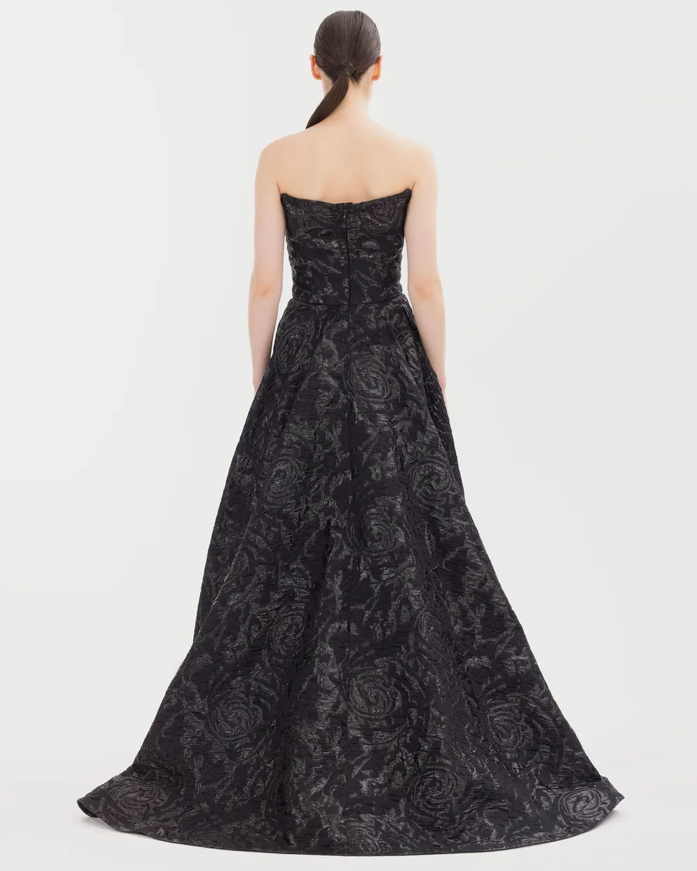 Jacquard Evening Dress with Strapless Collar and Pockets