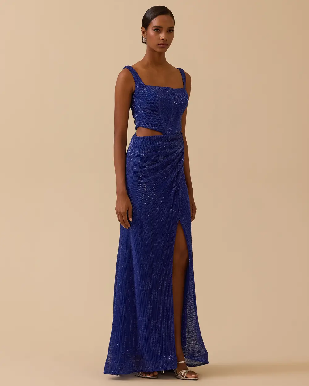 Kare Yaka Yırtmaçlı Payetli Abiye