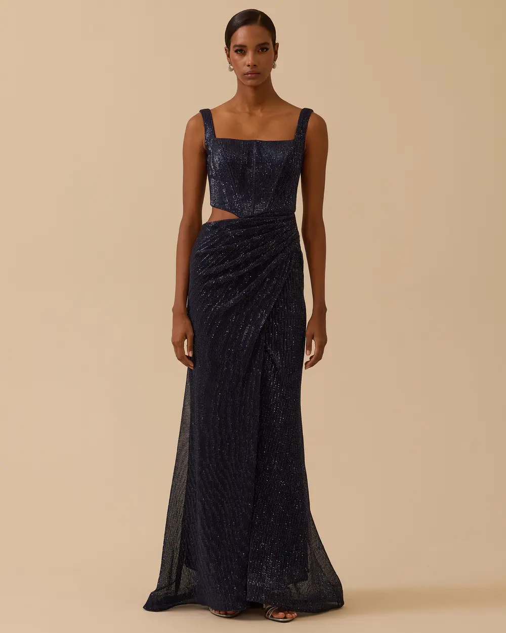 Kare Yaka Yırtmaçlı Payetli Abiye