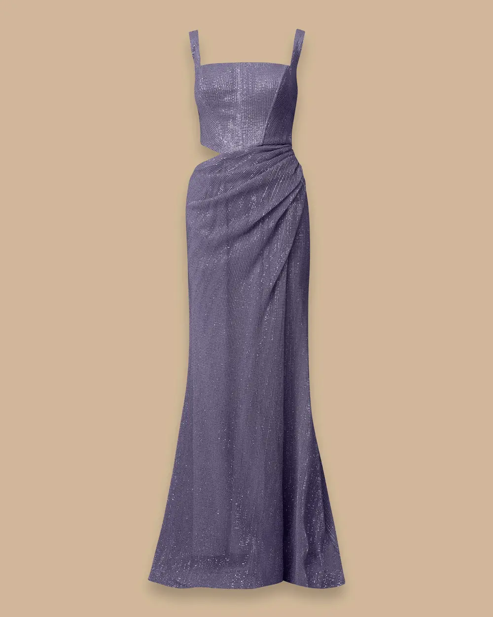 Square Neck Sequined Evening Dress with Slits