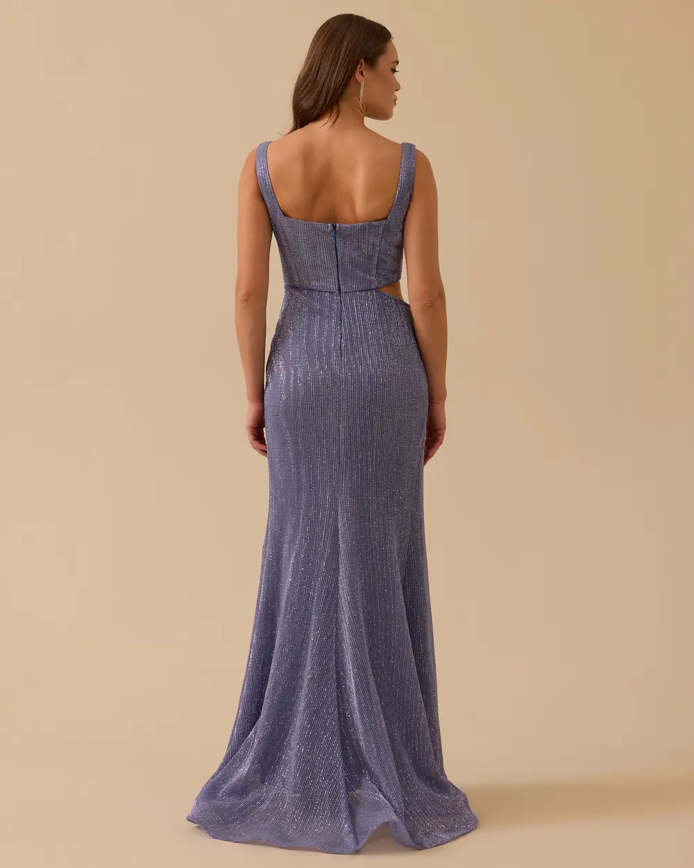 Kare Yaka Yırtmaçlı Payetli Abiye