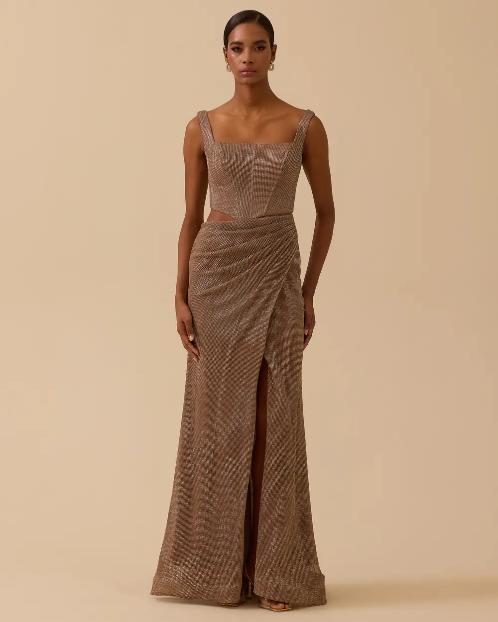 Kare Yaka Yırtmaçlı Payetli Abiye