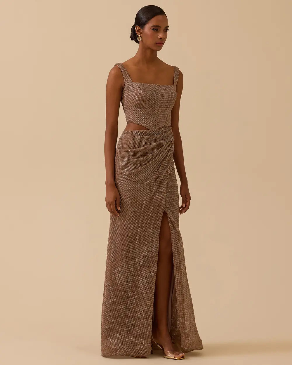 Kare Yaka Yırtmaçlı Payetli Abiye