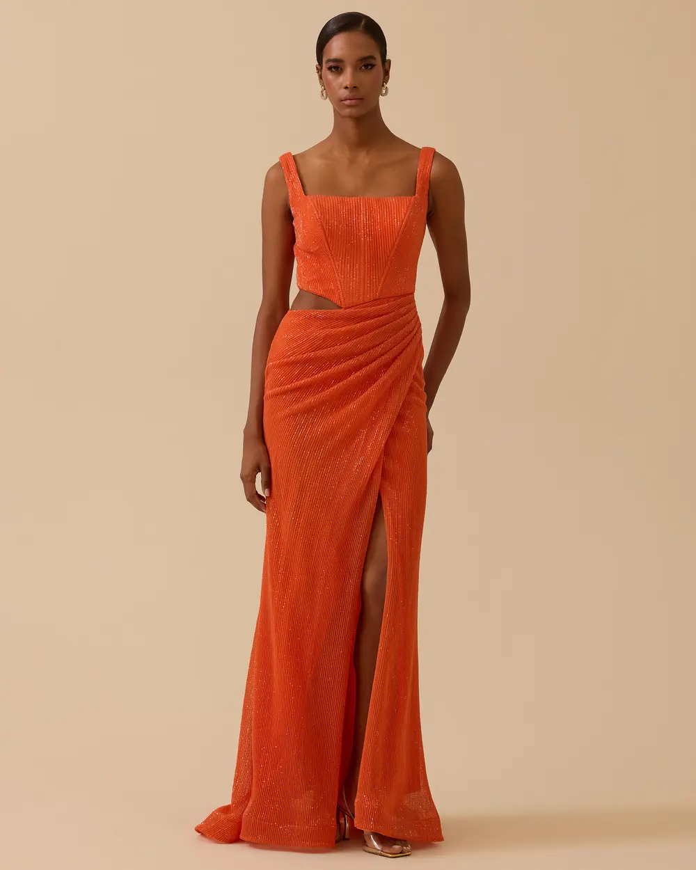 Kare Yaka Yırtmaçlı Payetli Abiye