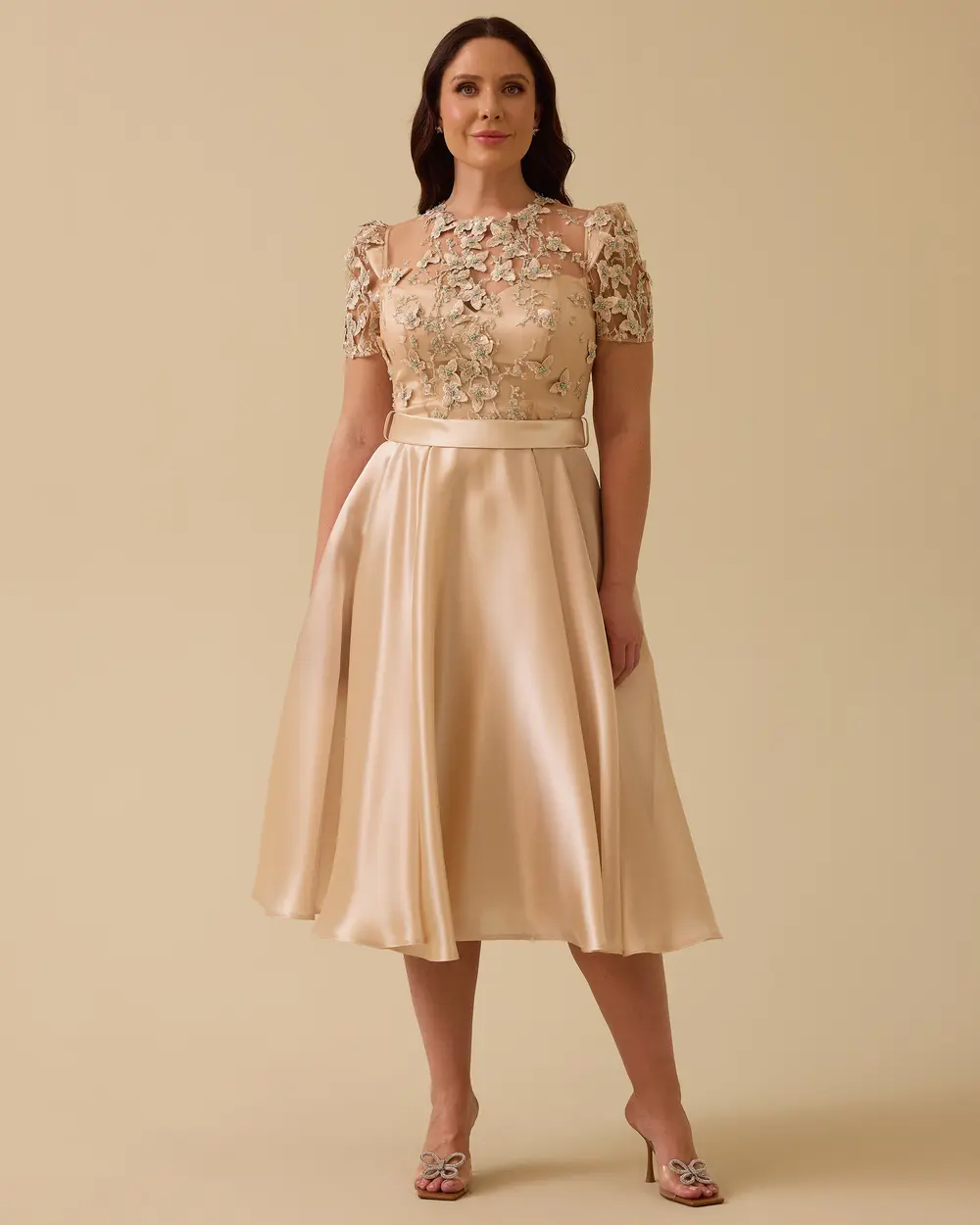 Short Sleeve Satin Midi Length Evening Dress with Stones