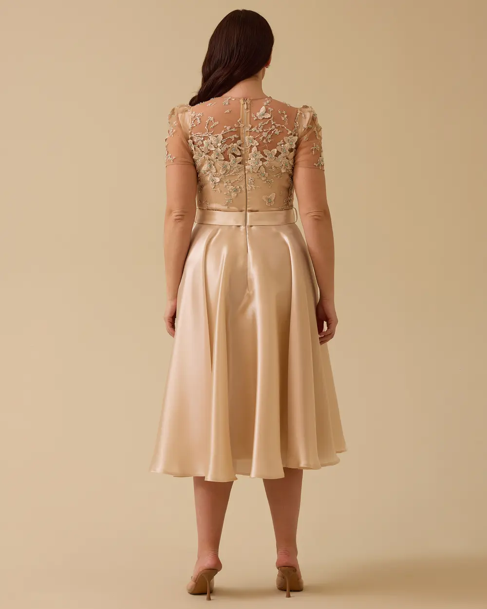 Short Sleeve Satin Midi Length Evening Dress with Stones