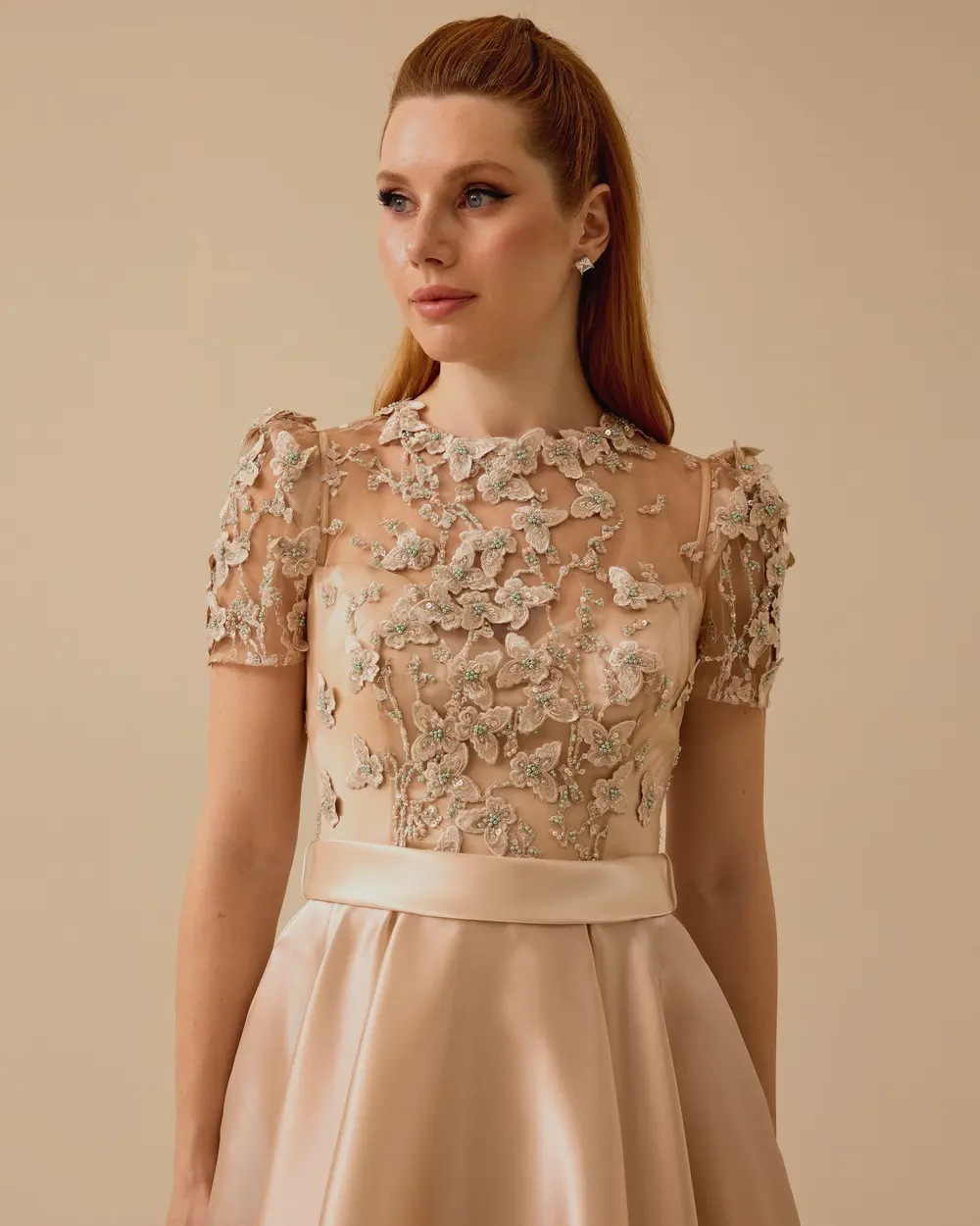 Short Sleeve Satin Midi Length Evening Dress with Stones