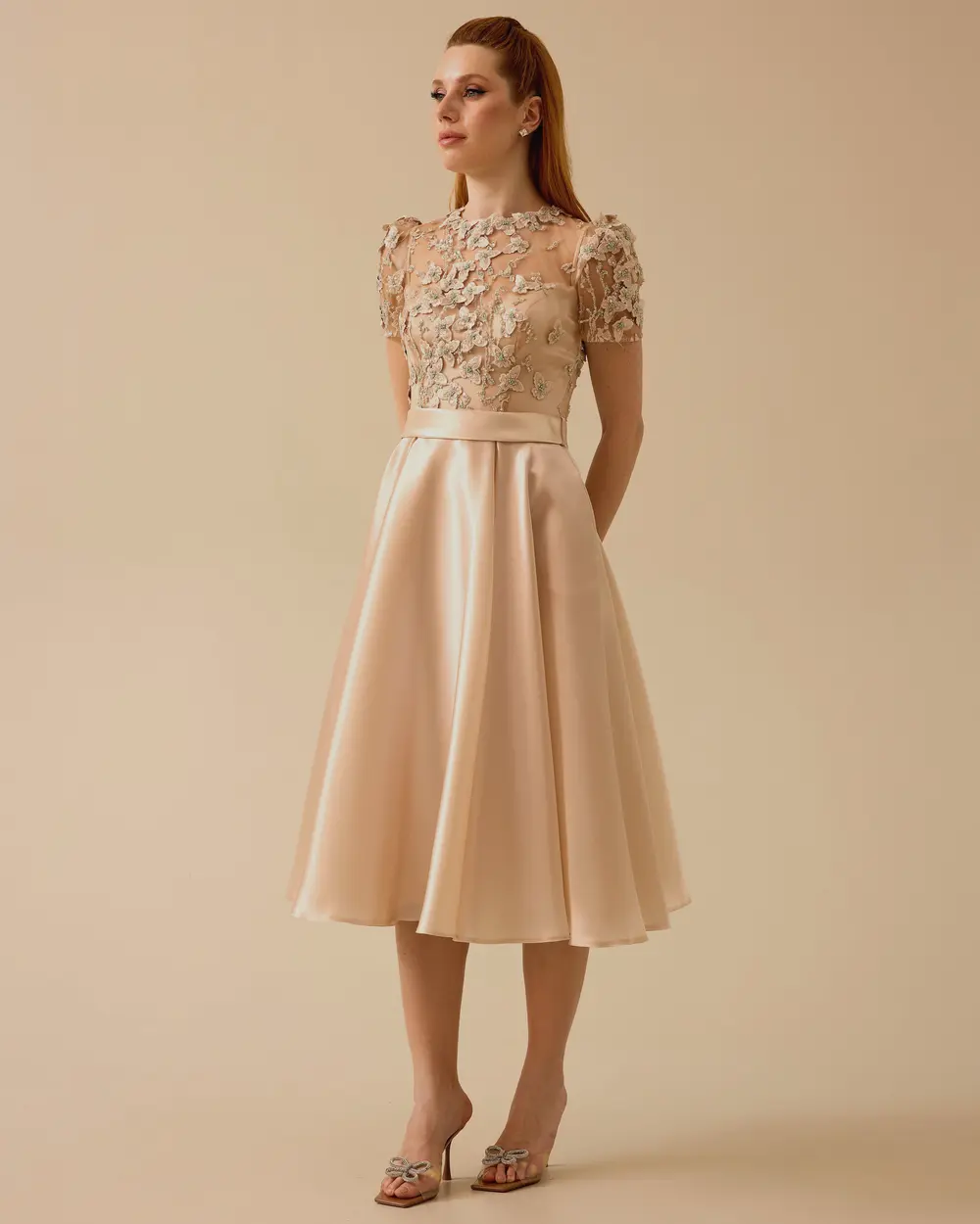 Short Sleeve Satin Midi Length Evening Dress with Stones