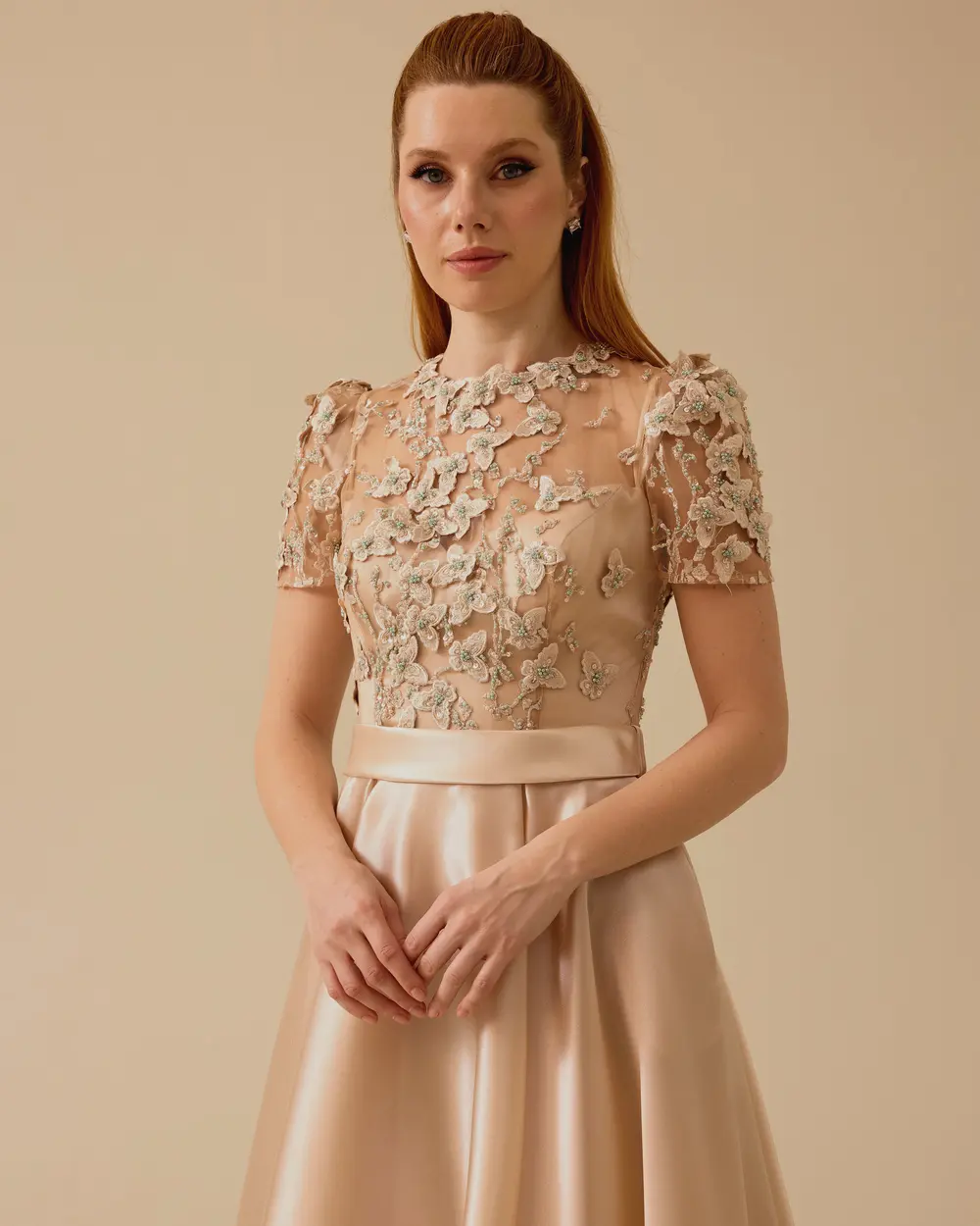 Short Sleeve Satin Midi Length Evening Dress with Stones