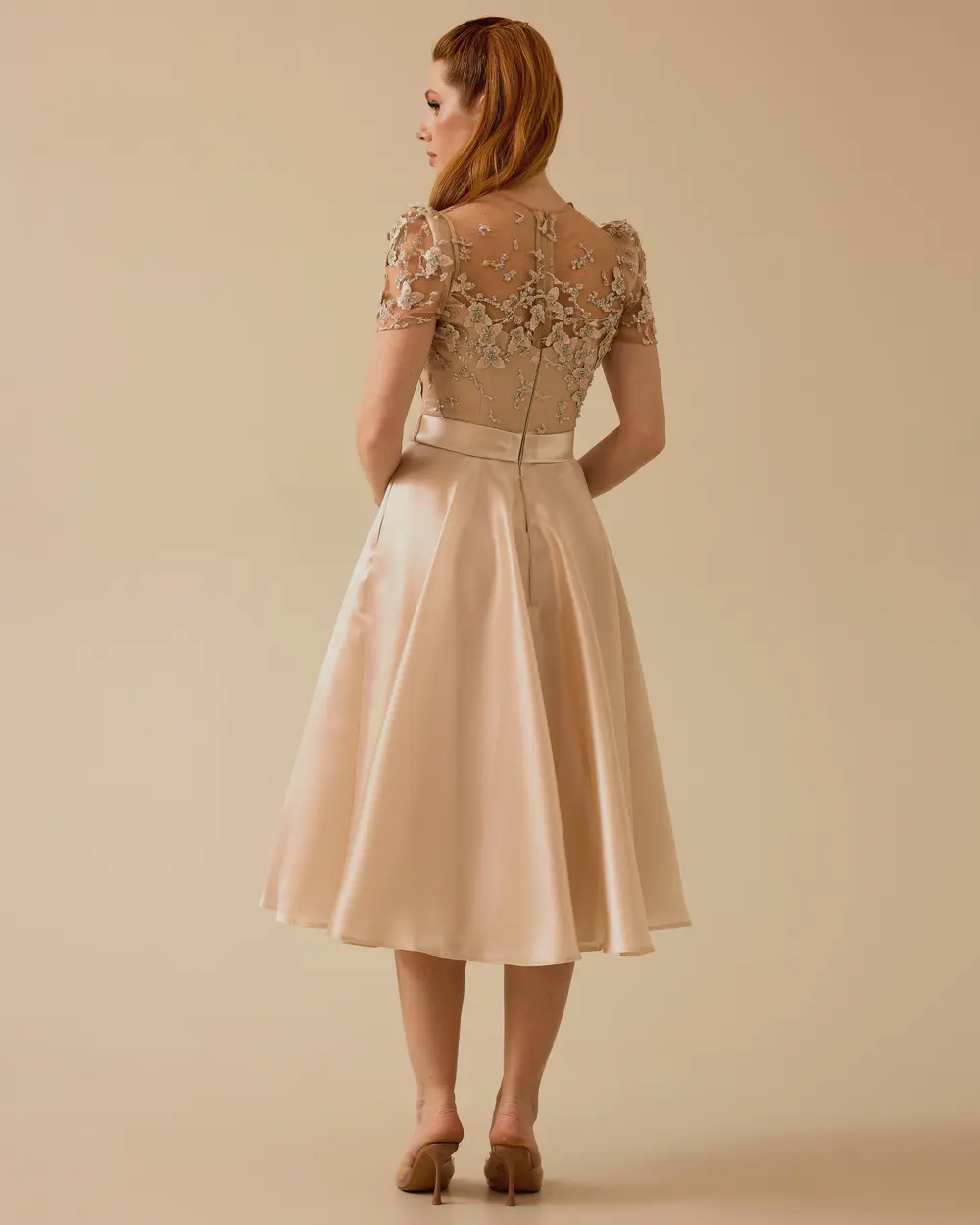 Short Sleeve Satin Midi Length Evening Dress with Stones