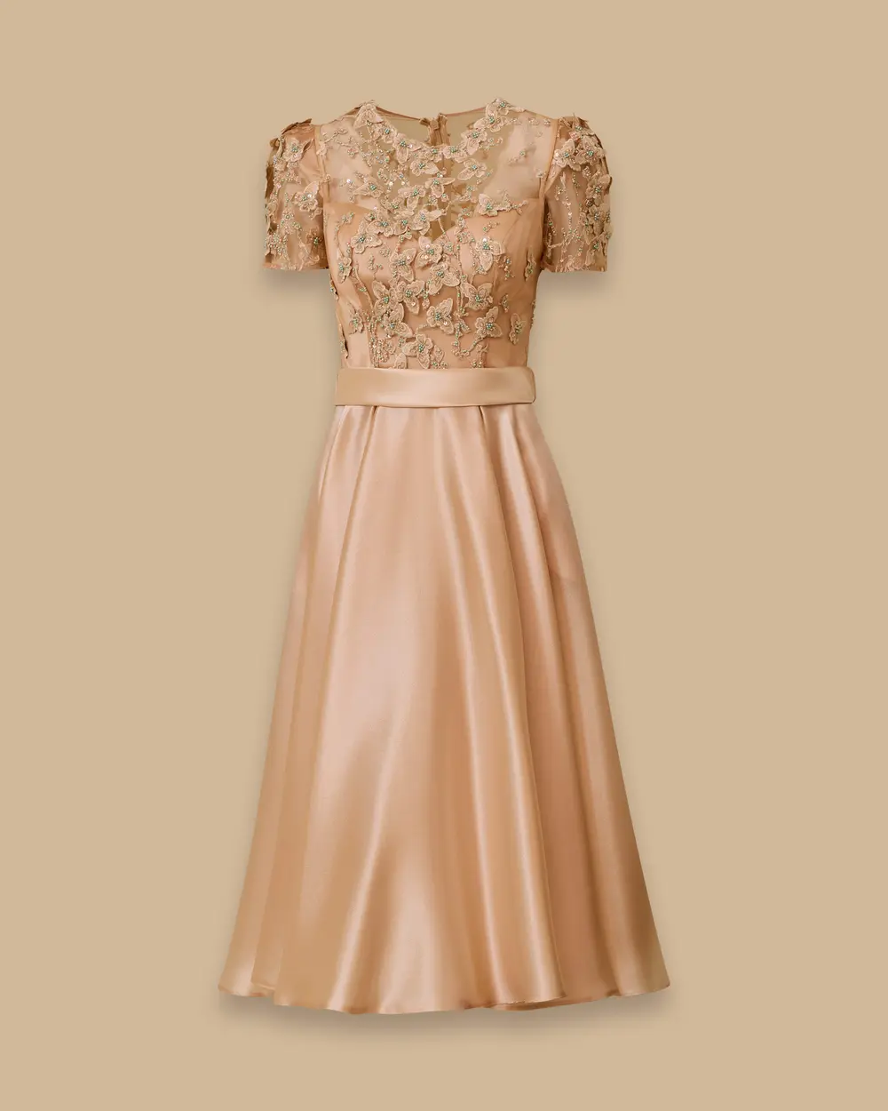Short Sleeve Satin Midi Length Evening Dress with Stones