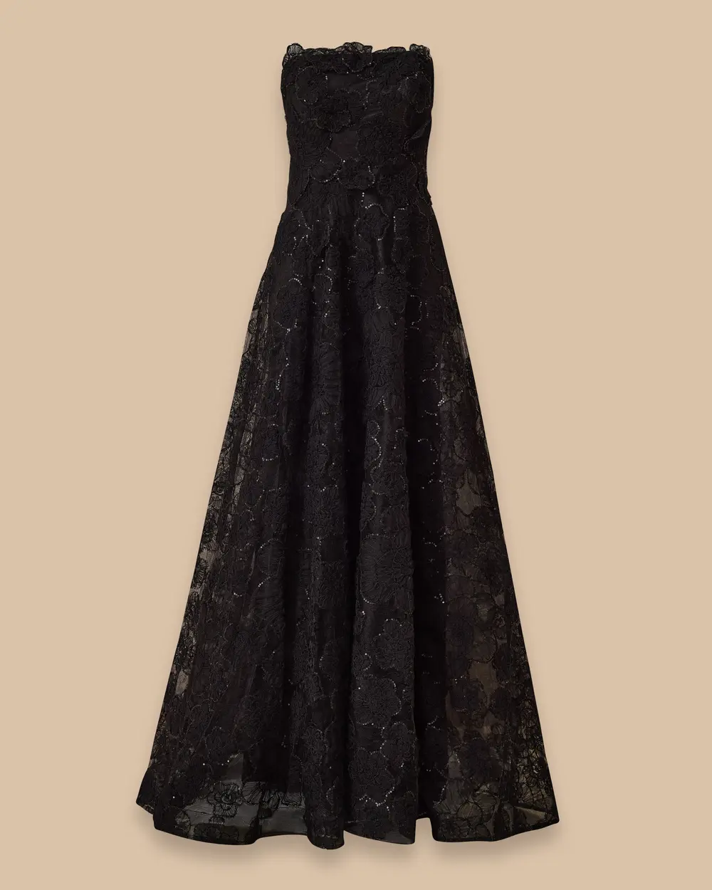 Straplez Yaka Çiçek Motifli Tül Abiye