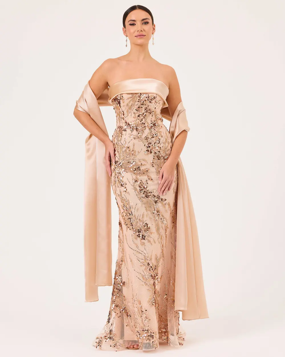 Straplez Yaka Dar Form Payetli Abiye