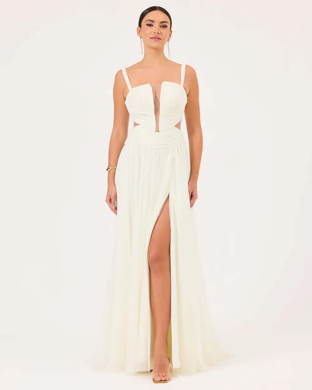 Square Neck Draped Tulle Evening Dress