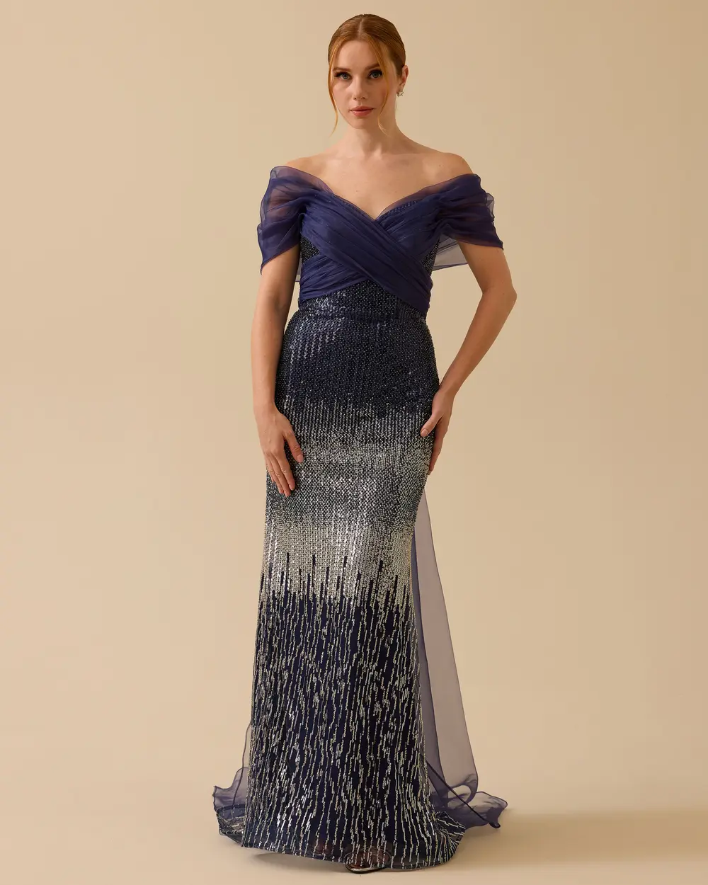 Drapeli Prenses Yaka Payetli Abiye