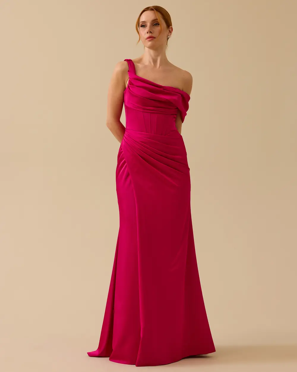 Strapless Collar Slit Satin Evening Dress