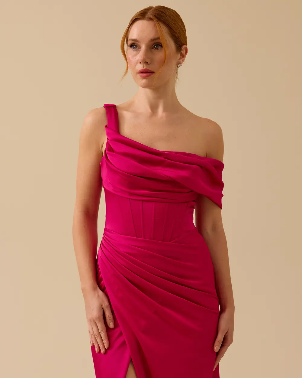Strapless Collar Slit Satin Evening Dress