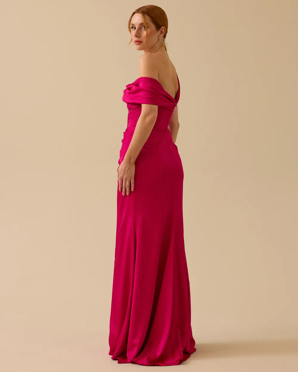 Strapless Collar Slit Satin Evening Dress