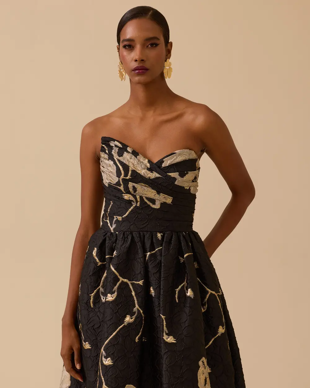 Asimetrik Yaka Cepli Desenli Abiye