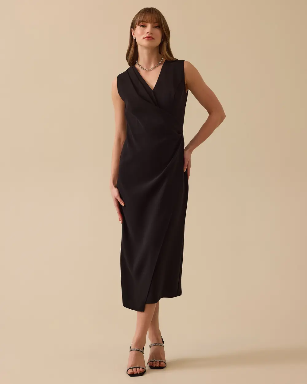 Kruvaze Kesim Kolsuz Şık Midi Elbise