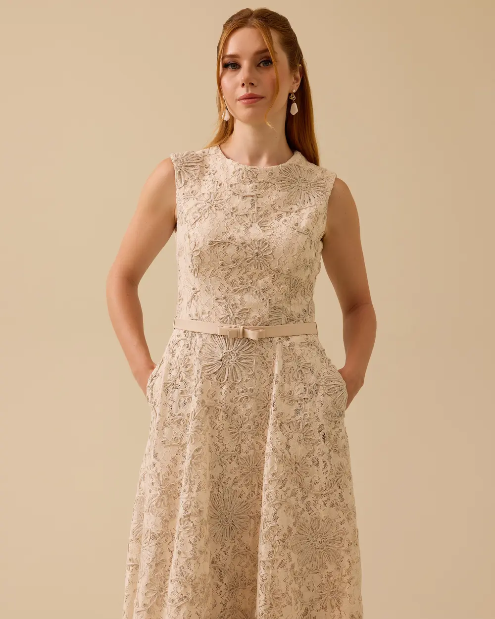 Sleeveless Lace Midi Length Dress