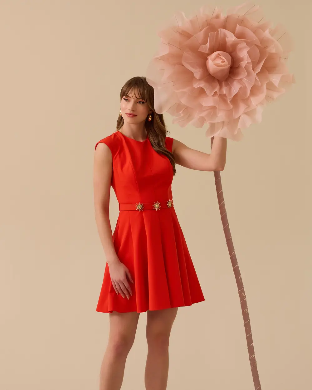 Pleated Mini Length Elegant Dress with Belt