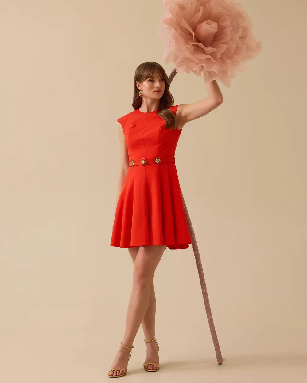 Pleated Mini Length Elegant Dress with Belt