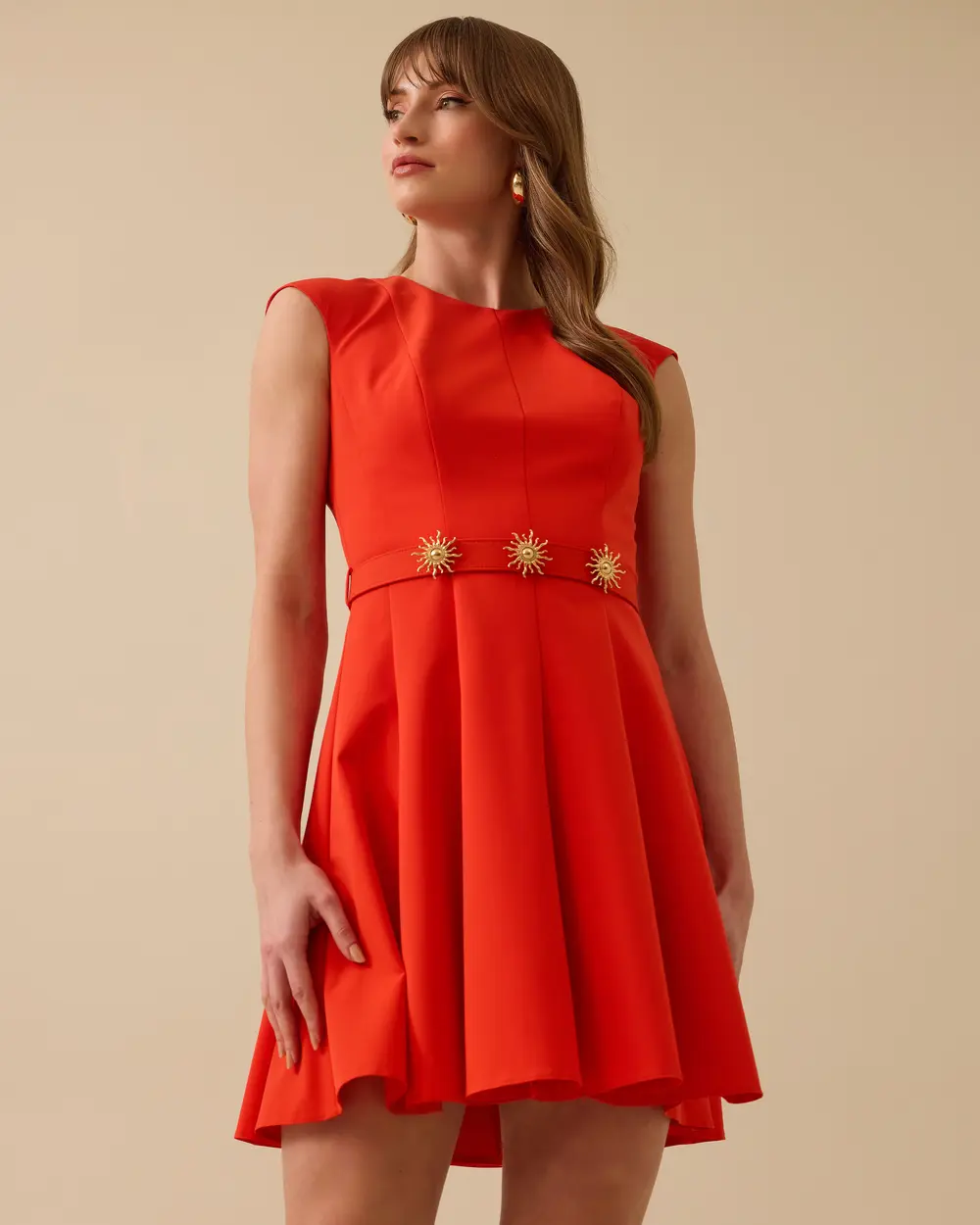 Pleated Mini Length Elegant Dress with Belt