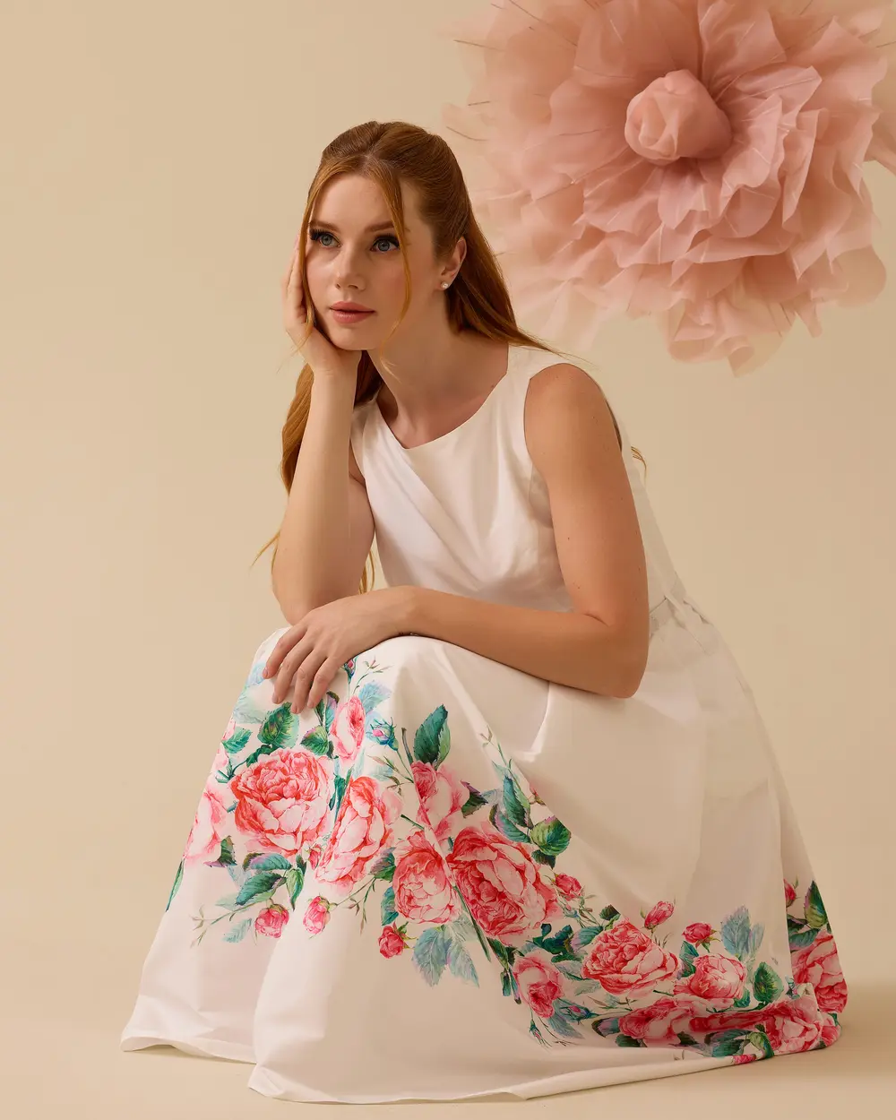 Floral Patterned Taffeta Fabric Midi Length Elegant Dress