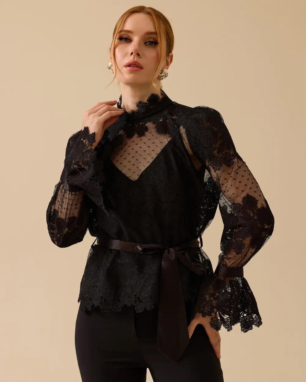 Transparent Detailed Belted Stylish Blouse
