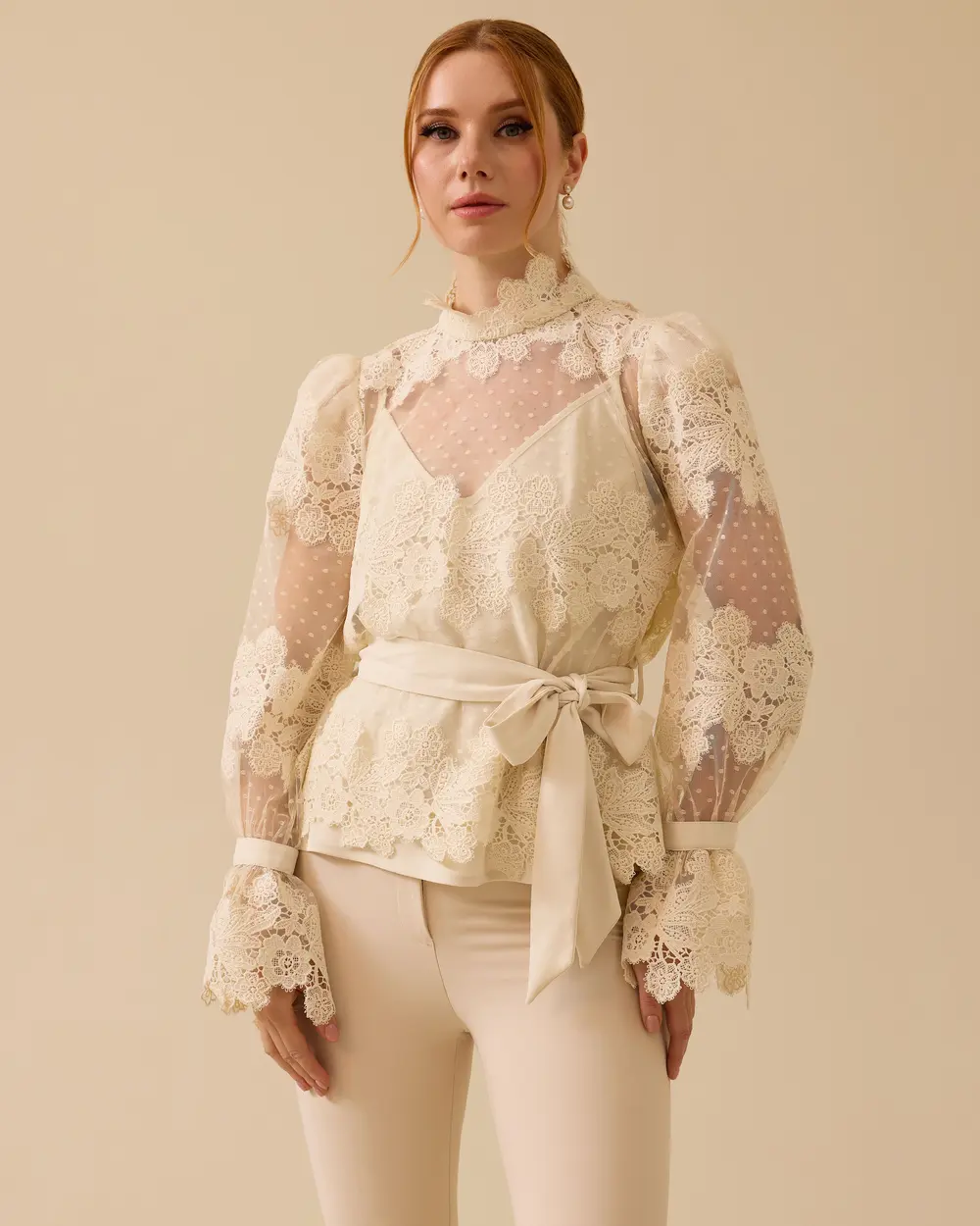Transparent Detailed Belted Stylish Blouse