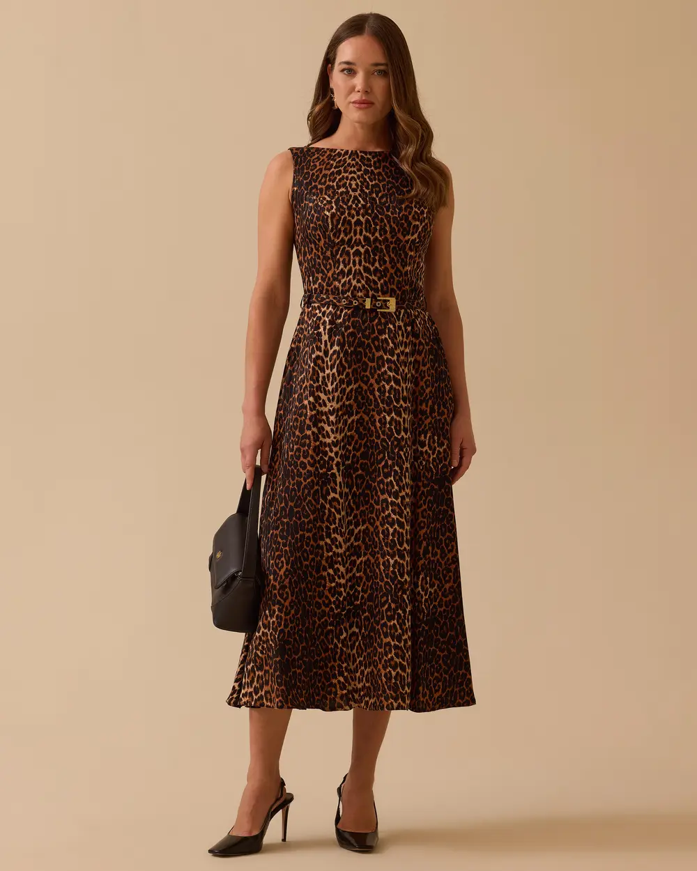 Leopar Desenli Kemerli Midi Boy Şık Elbise