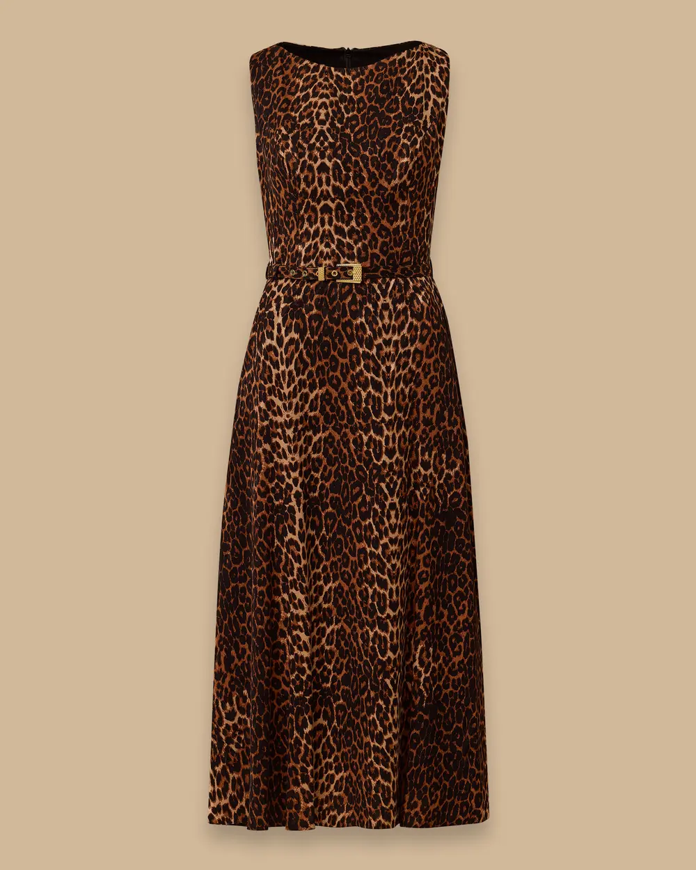 Leopard Patterned Belted Midi Length Elegant Dress