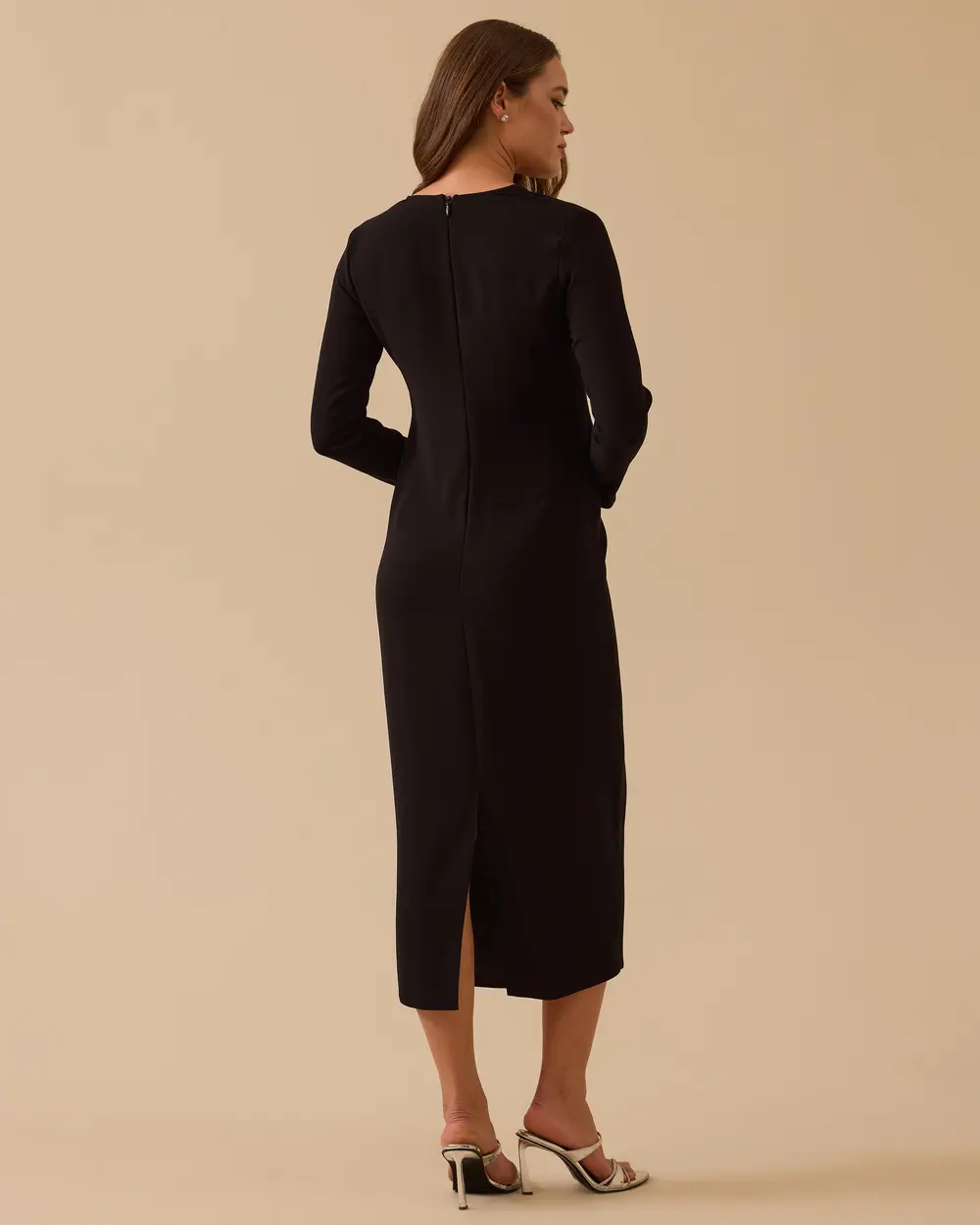 Taş Detaylı Drapeli Midi Boy Şık  Elbise