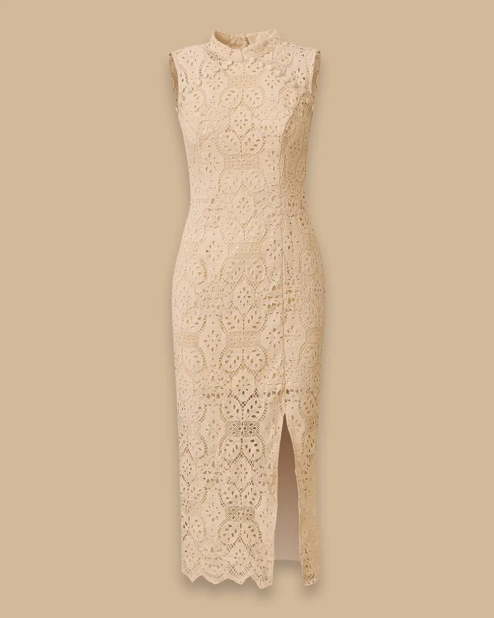 Desenli Yırtmaç Detaylı Şık Dantel Elbise