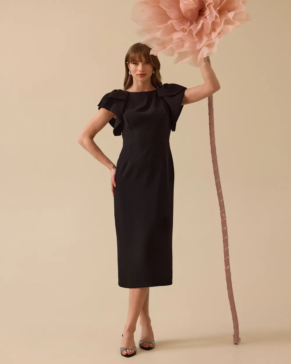 Fırfırlı Omuz Detaylı Midi Boy Şık Elbise