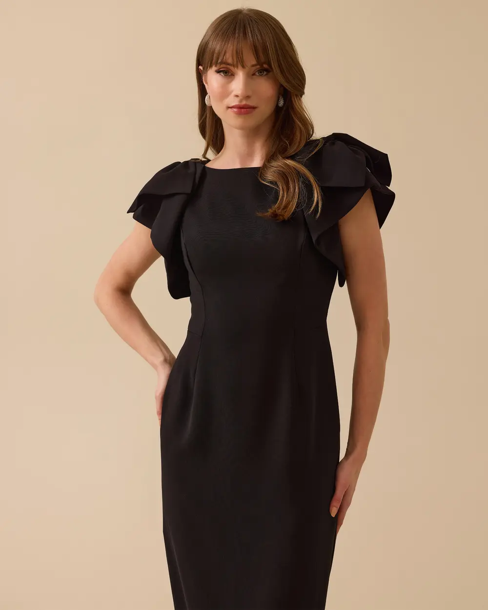 Fırfırlı Omuz Detaylı Midi Boy Şık Elbise