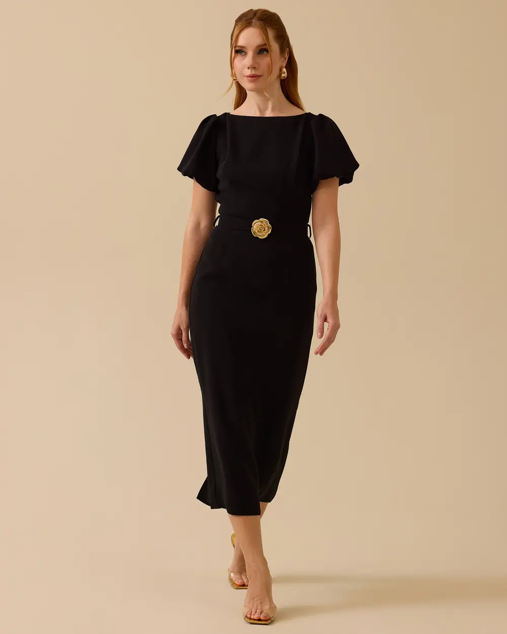 Balon Kollu Yırtmaçlı Krep Şık Elbise