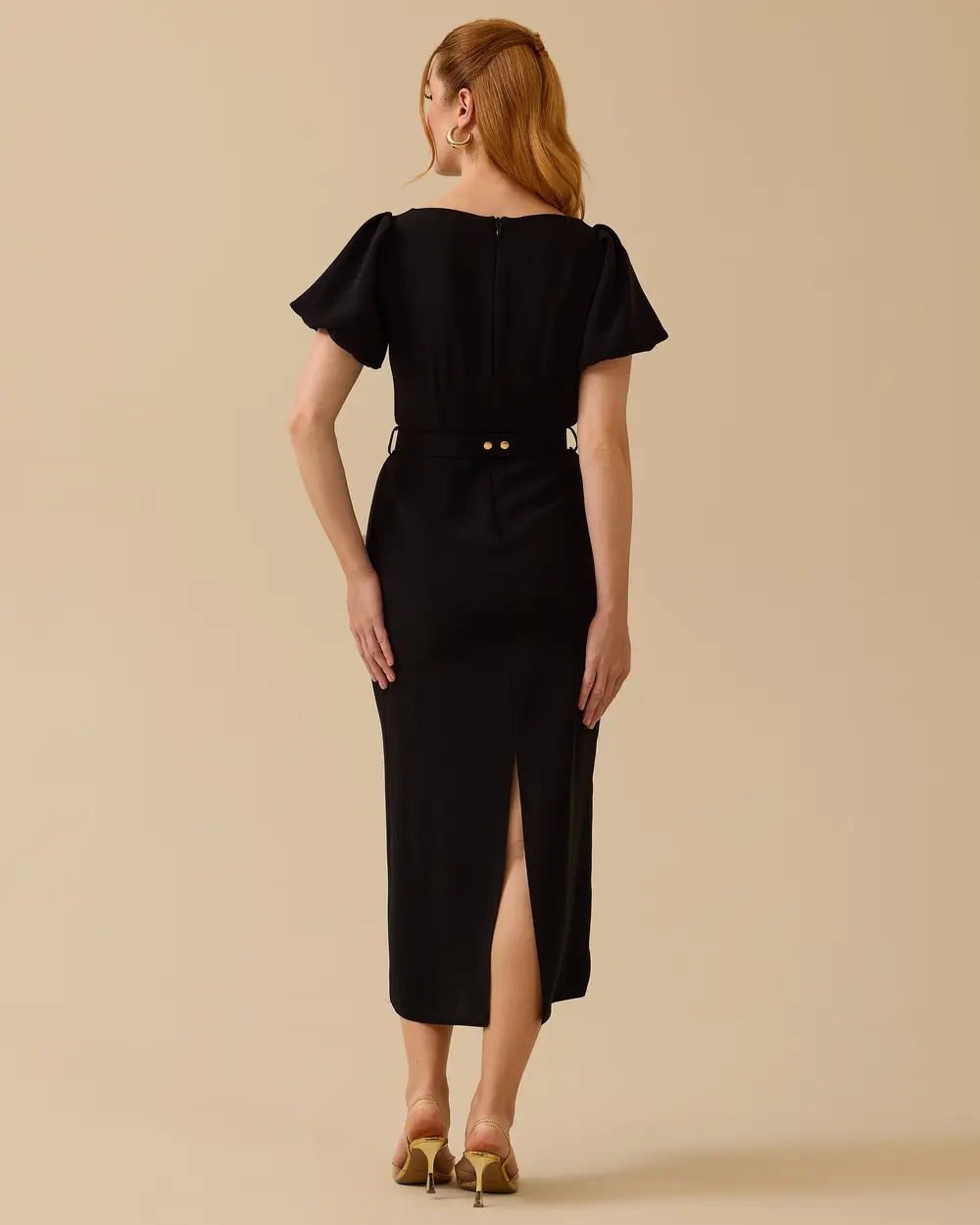 Balon Kollu Yırtmaçlı Krep Şık Elbise